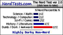 NerdTests.com says I'm a Highly Dorky Non-Nerd.  Click here to take the Nerd Test, get nerdy images and jokes, and write on the nerd forum!