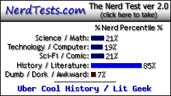 NerdTests.com says I'm an Uber Cool History / Lit Geek.  Click here to take the Nerd Test, get geeky images and jokes, and write on the nerd forum!