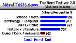 NerdTests.com says I'm a Cool Nerd God.  What are you?  Click here!