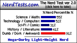 NerdTests.com says I'm a Mega-Dorky Light-Weight Nerd.  Click here to take the Nerd Test, get geeky images and jokes, and write on the nerd forum!