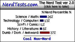 NerdTests.com says I'm a Cool Non-Nerd.  Click here to take the Nerd Test, get geeky images and jokes, and talk to others on the nerd forum!