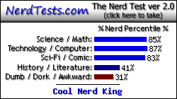 NerdTests.com says I'm a Cool Nerd King.  What are you?  Click here!