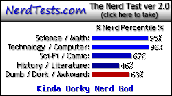 NerdTests.com says I'm a Kinda Dorky Nerd God.  Click here to take the Nerd Test, get nerdy images and jokes, and talk to others on the nerd forum!
