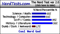 NerdTests.com says I'm a Cool Nerd God.  What are you?  Click here!