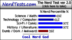 NerdTests.com says I'm a Cool Nerd God.  Click here to take the Nerd Test, get nerdy images and jokes, and write on the nerd forum!