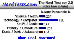 NerdTests.com says I'm an Uber Cool Non-Nerd.  Click here to take the Nerd Test, get geeky images and jokes, and write on the nerd forum!