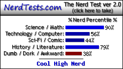 NerdTests.com says I'm a Cool High Nerd.  Click here to take the Nerd Test, get nerdy images and jokes, and talk to others on the nerd forum!