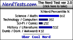 NerdTests.com says I'm an Uber Cool Nerd.  What are you?  Click here!