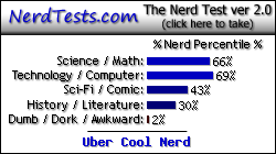 NerdTests.com says I'm an Uber Cool Nerd.  Click here to take the Nerd Test, get geeky images and jokes, and talk to others on the nerd forum!