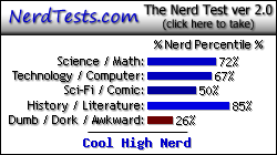 NerdTests.com says I'm a Cool High Nerd.  Click here to take the Nerd Test, get geeky images and jokes, and talk to others on the nerd forum!
