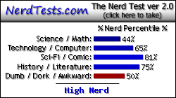NerdTests.com says I'm a High Nerd.  Click here to take the Nerd Test, get nerdy images and jokes, and write on the nerd forum!
