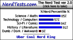 NerdTests.com says I'm an Uber Cool Nerd King.  What are you?  Click here!