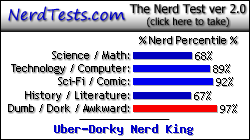 NerdTests.com says I'm an Uber-Dorky Nerd King.  Click here to take the Nerd Test, get nerdy images and jokes, and talk to others on the nerd forum!