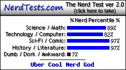 NerdTests.com says I'm an Uber Cool Nerd God.  What are you?  Click here!