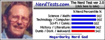 NerdTests.com says I'm a Mega-Dorky Nerd God.  Click to take the Nerd Test, get nerdy images and jokes, and write on the nerd forum!