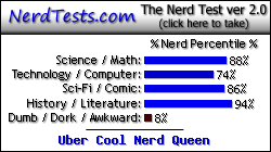 NerdTests.com says I'm an Uber Cool Nerd Queen.  What are you?  Click here!