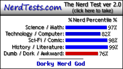 NerdTests.com says I'm a Dorky Nerd God.  What are you?  Click here!