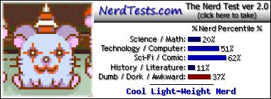 NerdTests.com says I'm a Cool Light-Weight Nerd.  Click to take the Nerd Test, get geeky images and jokes, and talk to other nerds on the nerd forum!