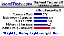 NerdTests.com says I'm a Slightly Dorky Light-Weight Nerd. Click here to take the Nerd Test, get geeky images and jokes, and write on the nerd forum!