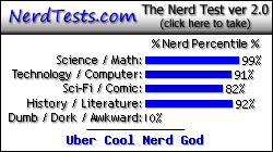 NerdTests.com says I'm an Uber Cool Nerd God.  Click here to take the Nerd Test, get geeky images and jokes, and write on the nerd forum!