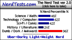 NerdTests.com says I'm an Uber-Dorky Light-Weight Nerd.  Click here to take the Nerd Test, get nerdy images and jokes, and talk to others on the nerd forum!
