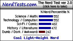 NerdTests.com says I'm a Cool Light-Weight Nerd. Click here to take the Nerd Test, get geeky images and jokes, and talk to others on the nerd forum!