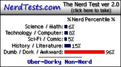 NerdTests.com says I'm an Uber-Dorky Non-Nerd.  Click here to take the Nerd Test, get geeky images and jokes, and talk to others on the nerd forum!
