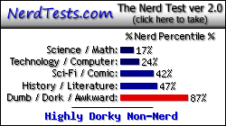 NerdTests.com says I'm a Highly Dorky Non-Nerd.  Click here to take the Nerd Test, get geeky images and jokes, and write on the nerd forum!