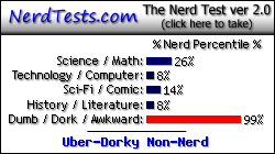 NerdTests.com says I'm an Uber-Dorky Non-Nerd.  Click here to take the Nerd Test, get geeky images and jokes, and talk to others on the nerd forum!