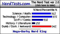 NerdTests.com says I'm a Mega-Dorky Nerd King.  Click here to take the Nerd Test, get nerdy images and jokes, and talk to others on the nerd forum!