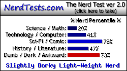 NerdTests.com says I'm a Slightly Dorky Light-Weight Nerd.  Click here to take the Nerd Test, get geeky images and jokes, and write on the nerd forum!
