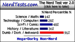 NerdTests.com says I'm a Mega-Dorky Non-Nerd.  Click here to take the Nerd Test, get nerdy images and jokes, and talk to others on the nerd forum!