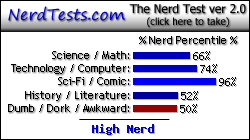 NerdTests.com says I'm a High Nerd.  Click here to take the Nerd Test, get geeky images and jokes, and talk to others on the nerd forum!