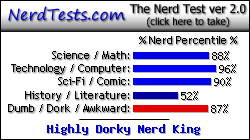 NerdTests.com says I'm a Highly Dorky Nerd King. What are you? Click here!