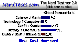 NerdTests.com says I'm an Uber Cool Non-Nerd.  Click here to take the Nerd Test, get geeky images and jokes, and write on the nerd forum!