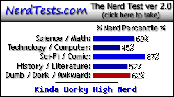 NerdTests.com says I'm a Kinda Dorky High Nerd.  Click here to take the Nerd Test, get geeky images and jokes, and write on the nerd forum!