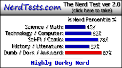 NerdTests.com says I'm a Highly Dorky Nerd.  Click here to take the Nerd Test, get geeky images and jokes, and talk to others on the nerd forum!