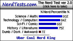 NerdTests.com says I'm an Uber Cool Nerd King.  Click here to take the Nerd Test, get geeky images and jokes, and write on the nerd forum!