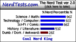 NerdTests.com says I'm a Cool Nerd King.  What are you?  Click here!