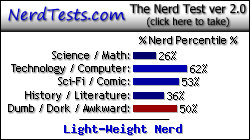NerdTests.com says I'm a Light-Weight Nerd.  Click here to take the Nerd Test, get geeky images and jokes, and talk to others on the nerd forum!