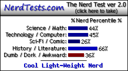NerdTests.com says I'm a Cool Light-Weight Nerd.  Click here to take the Nerd Test, get nerdy images and jokes, and talk to others on the nerd forum!