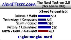 NerdTests.com says I'm a Light-Weight Nerd.  What are you?  Click here!