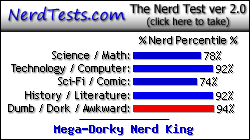 NerdTests.com says I'm a Mega-Dorky Nerd King.  Click here to take the Nerd Test, get geeky images and jokes, and write on the nerd forum!