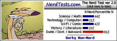 NerdTests.com says I'm a Dorky Non-Nerd.  Click to take the Nerd Test, get geeky images and jokes, and write on the nerd forum!