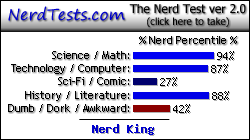 NerdTests.com says I'm a Nerd King.  What are you? Click here!