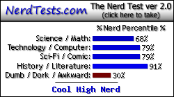 NerdTests.com says I'm a Cool High Nerd.  What are you?  Click here!