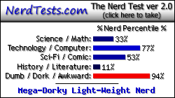 NerdTests.com says I'm a Mega-Dorky Light-Weight Nerd.  Click here to take the Nerd Test, get geeky images and jokes, and talk to others on the nerd forum!