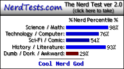 NerdTests.com says I'm a Cool Nerd God.  What are you?  Click here!