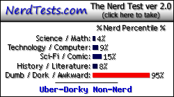 NerdTests.com says I'm an Uber-Dorky Non-Nerd.  What are you?  Click here!