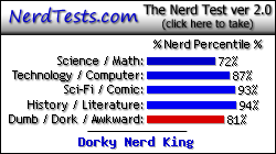 NerdTests.com says I'm a Dorky Nerd King.  Click here to take the Nerd Test, get nerdy images and jokes, and talk to others on the nerd forum!